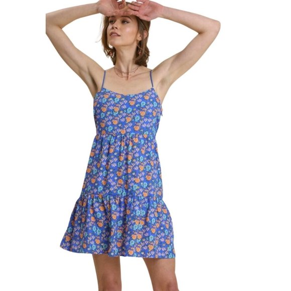 UMGEE Blue Floral Metallic Print Spaghetti Strap Mini Dress K5386 - Picture 3 of 3